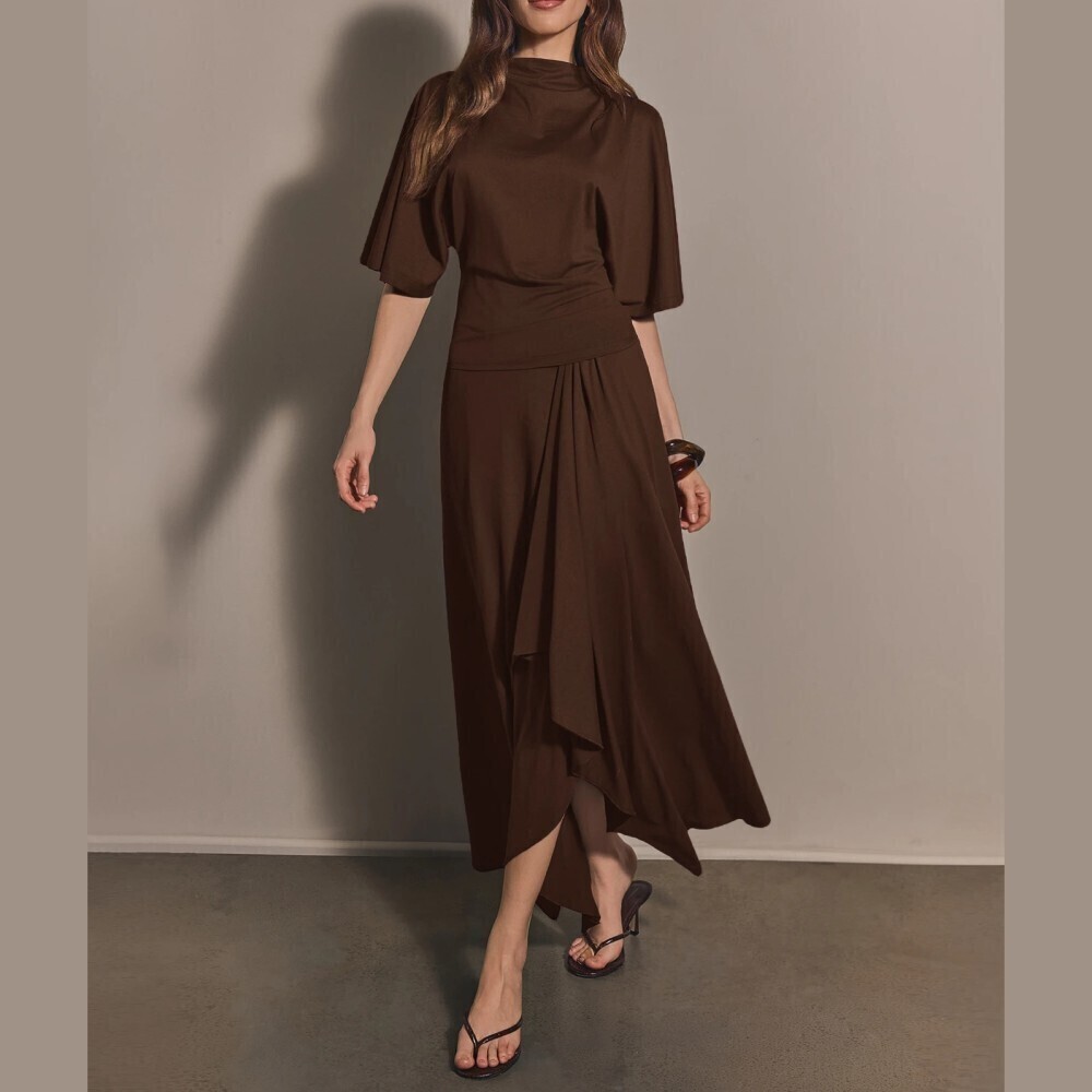 Chocolate Brown Stand Collar Draped Top Asymmetric Hem Skirt Set